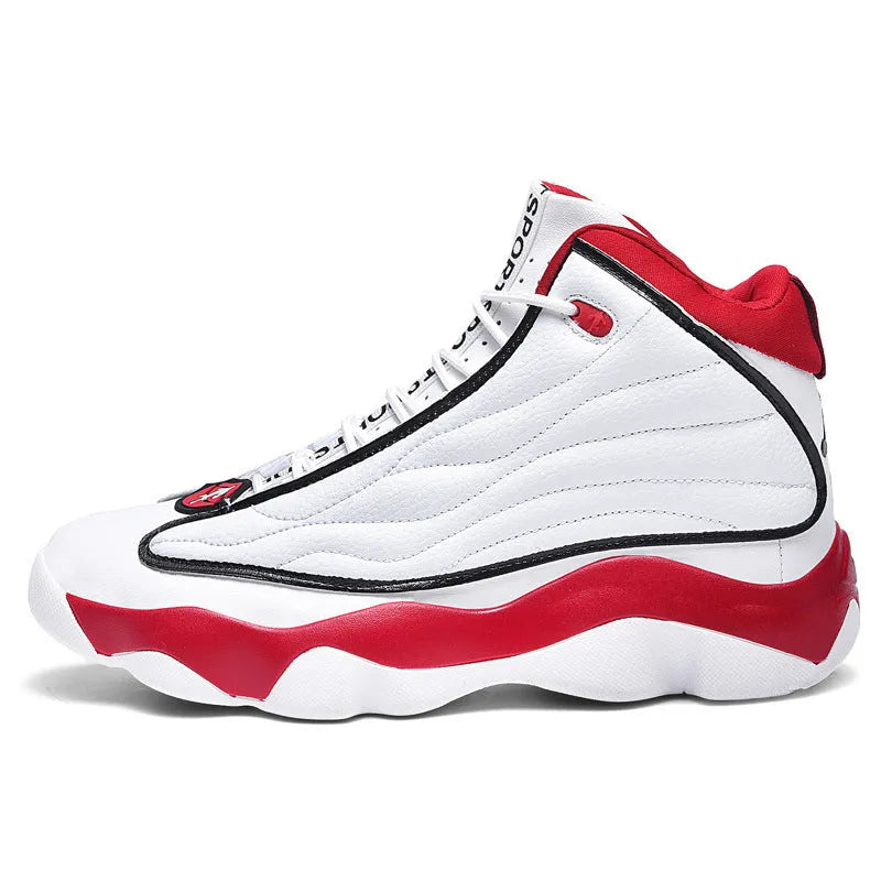 Men's high-top basketball sneakers in white and red with a mesh upper, thick rubber sole, and lace-up closure.