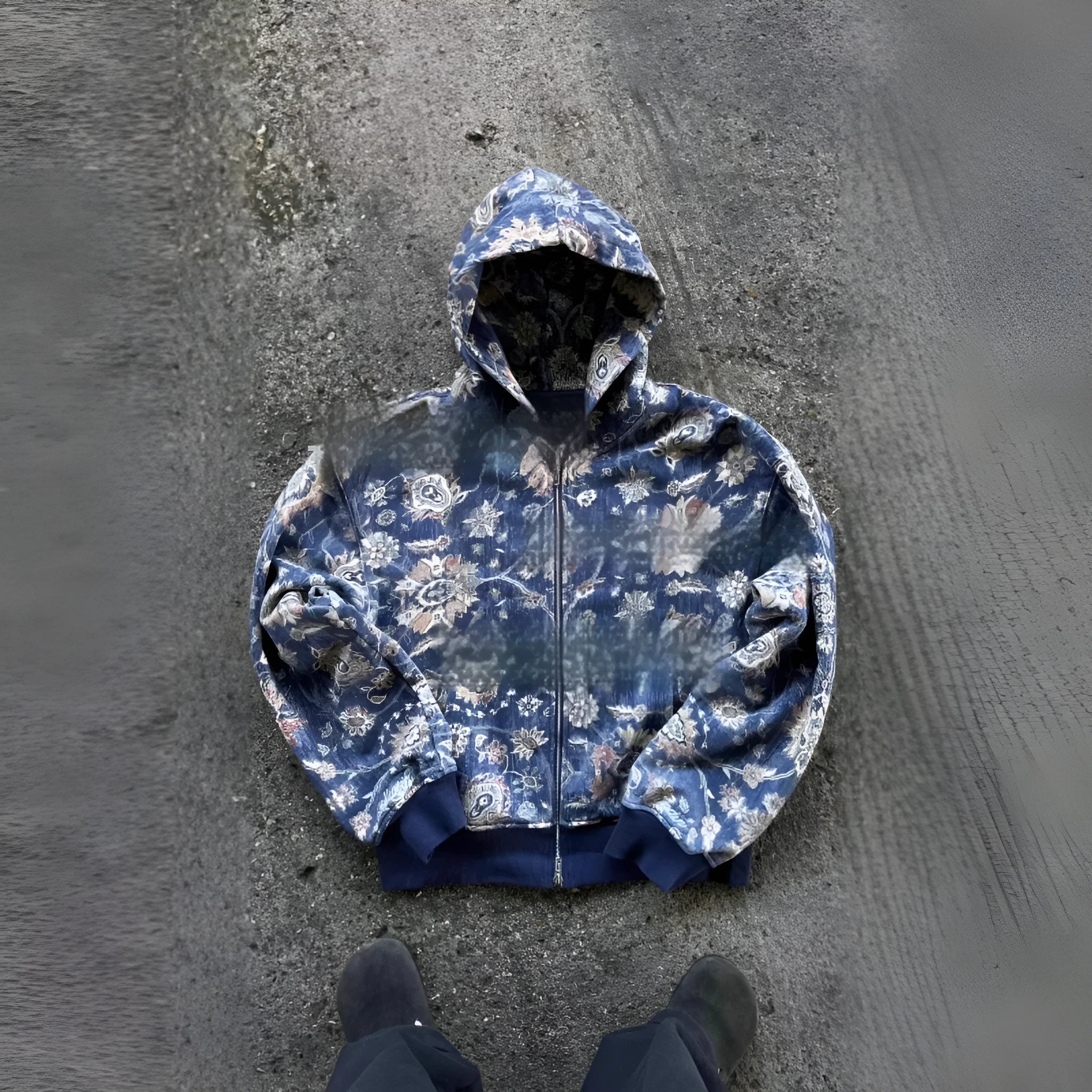 Men's blue loose hooded zip coat with long sleeves on a hanger