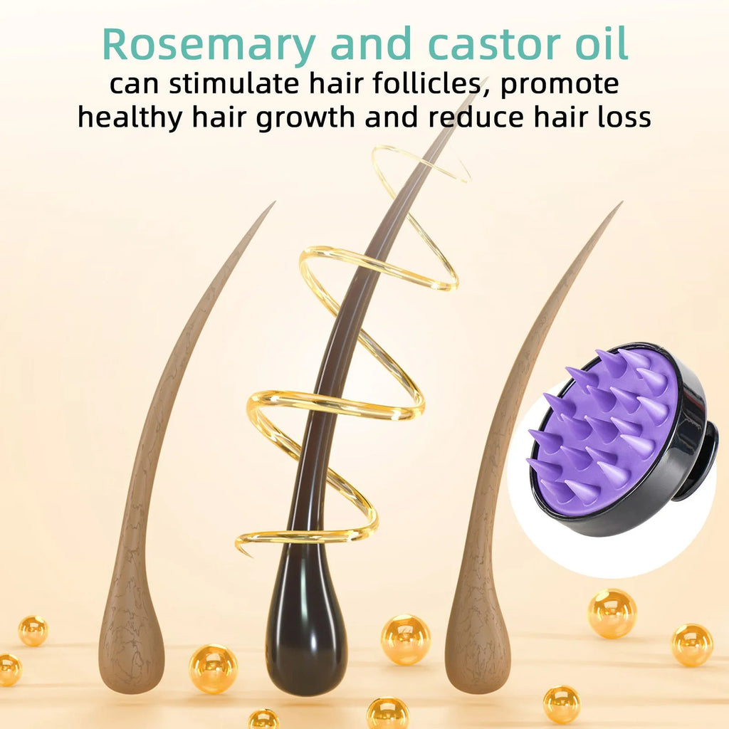 Hair treatment oil bottle with 118ml capacity and attached massage brush applicator