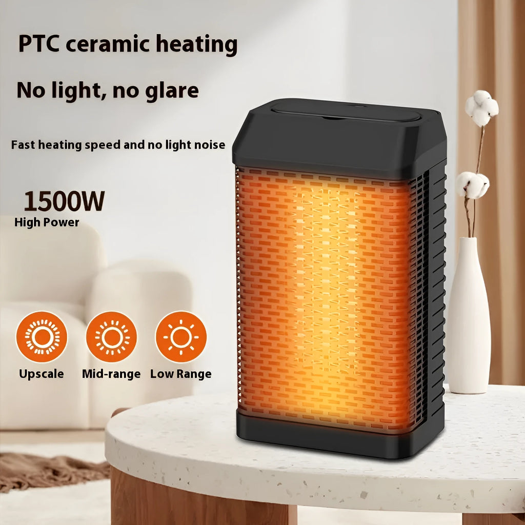 Black remote control desktop warm air blower heater with compact design on wooden surface