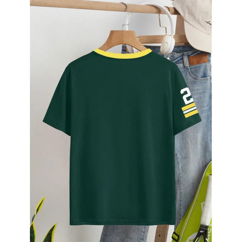 Red cotton t-shirt with white letter print showing loose fit and short sleeve design