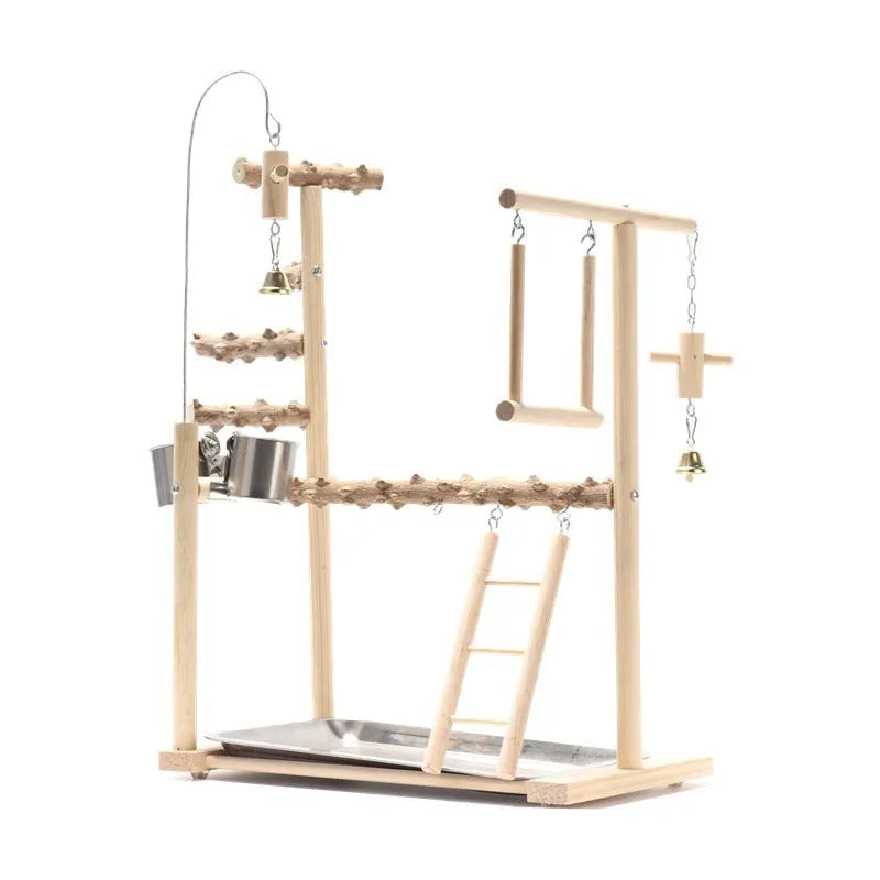 Solid wood and pepperwood bird playground stand with metal accessories for all birds, No. 5 and No. 6
