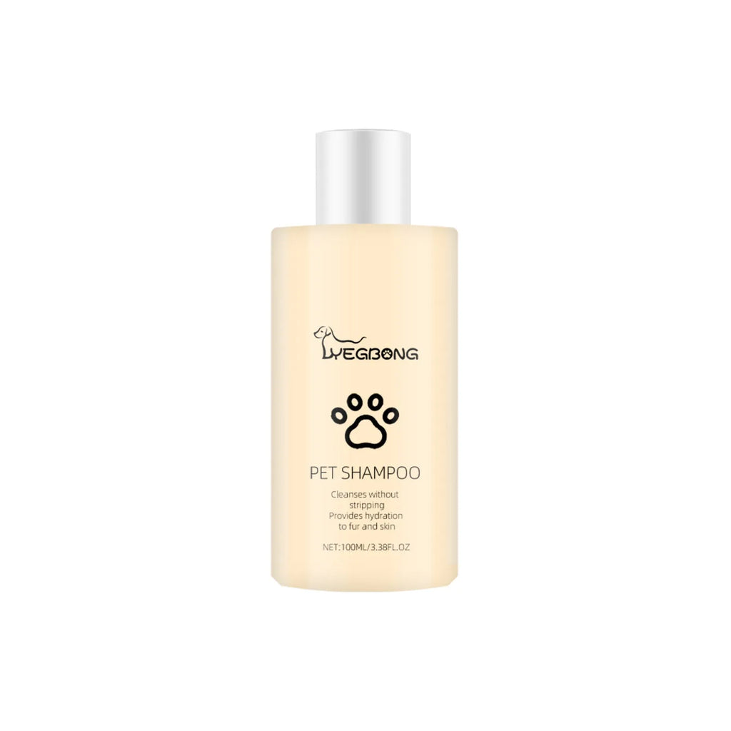 A bottle of mild pet shampoo for cats and dogs, available in 100ml and 300ml sizes.