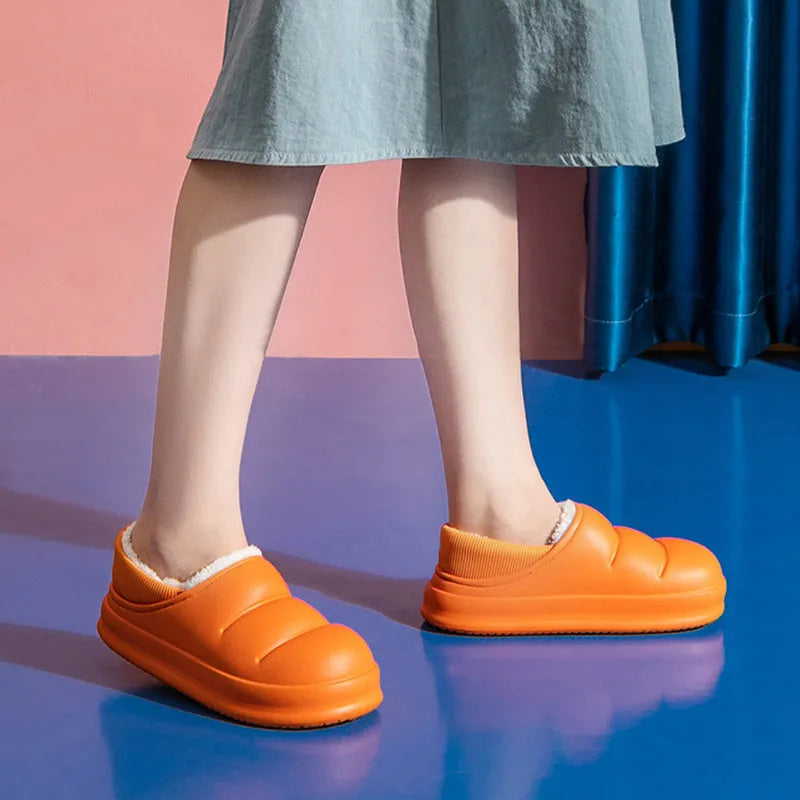 Waterproof EVA couple slippers in various colours with plush lining and non-slip soles