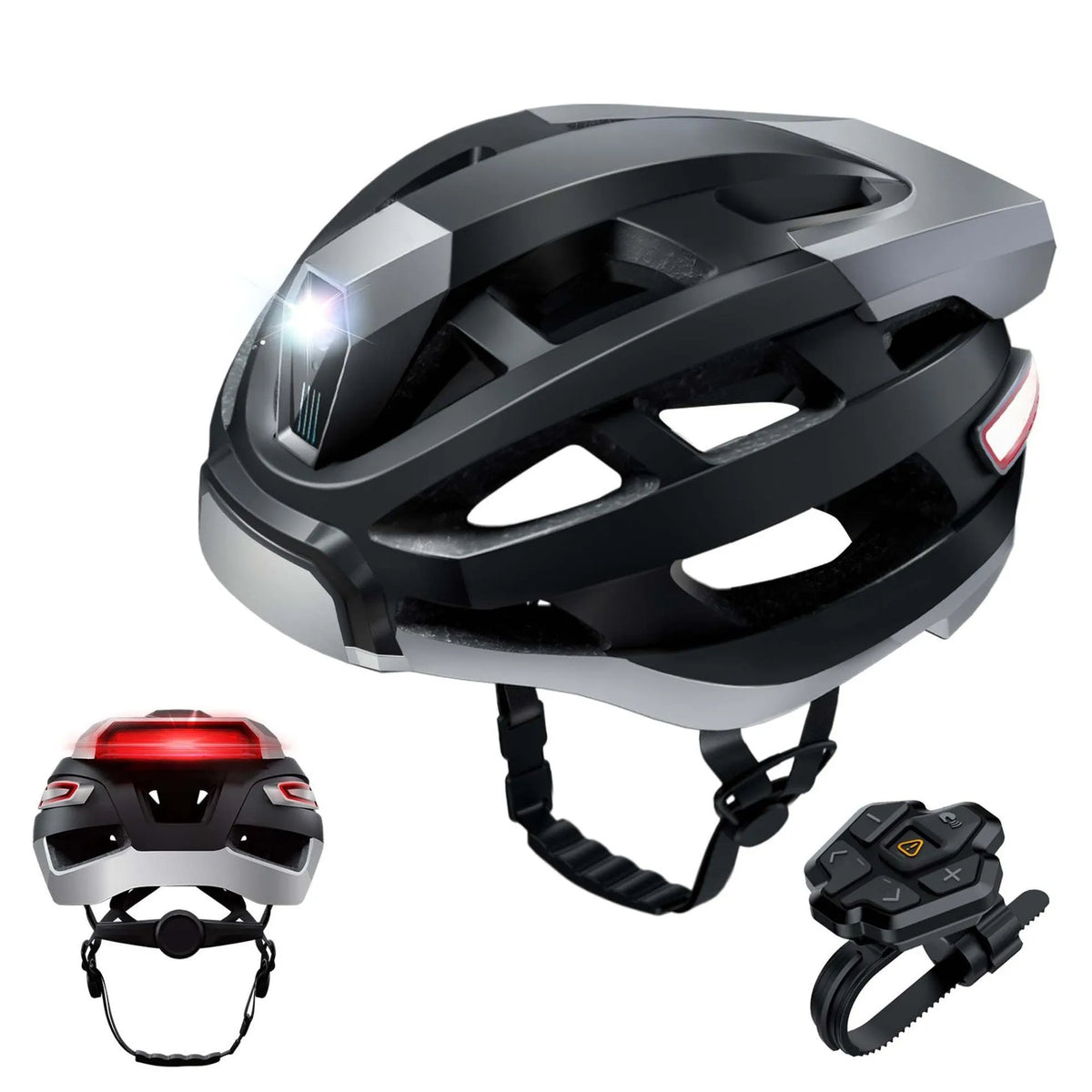 Black and grey smart adult cycling helmet with integrated Bluetooth warning lights.