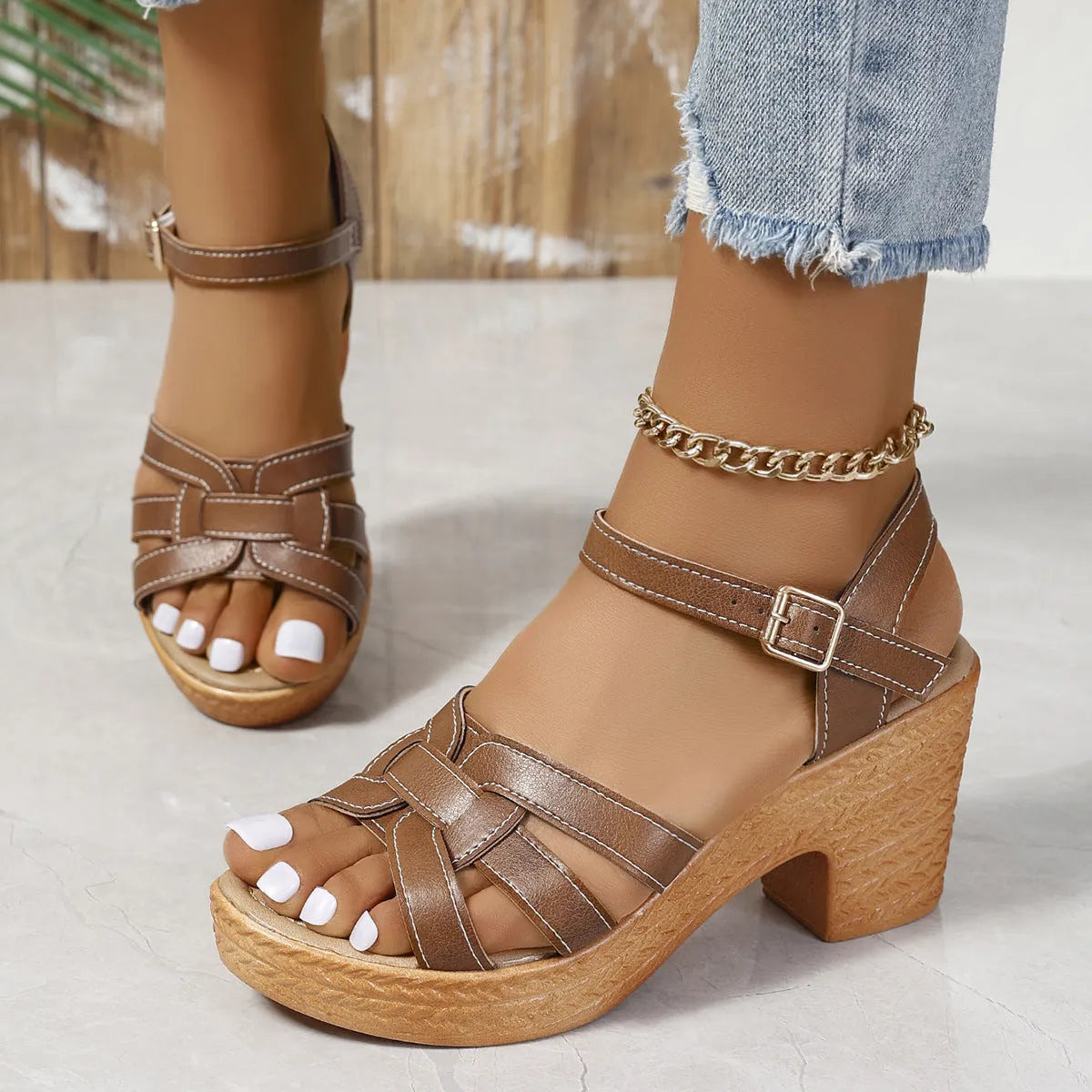 Plus size Roman women's peep toe sandals with chunky heel and buckle ankle strap in black