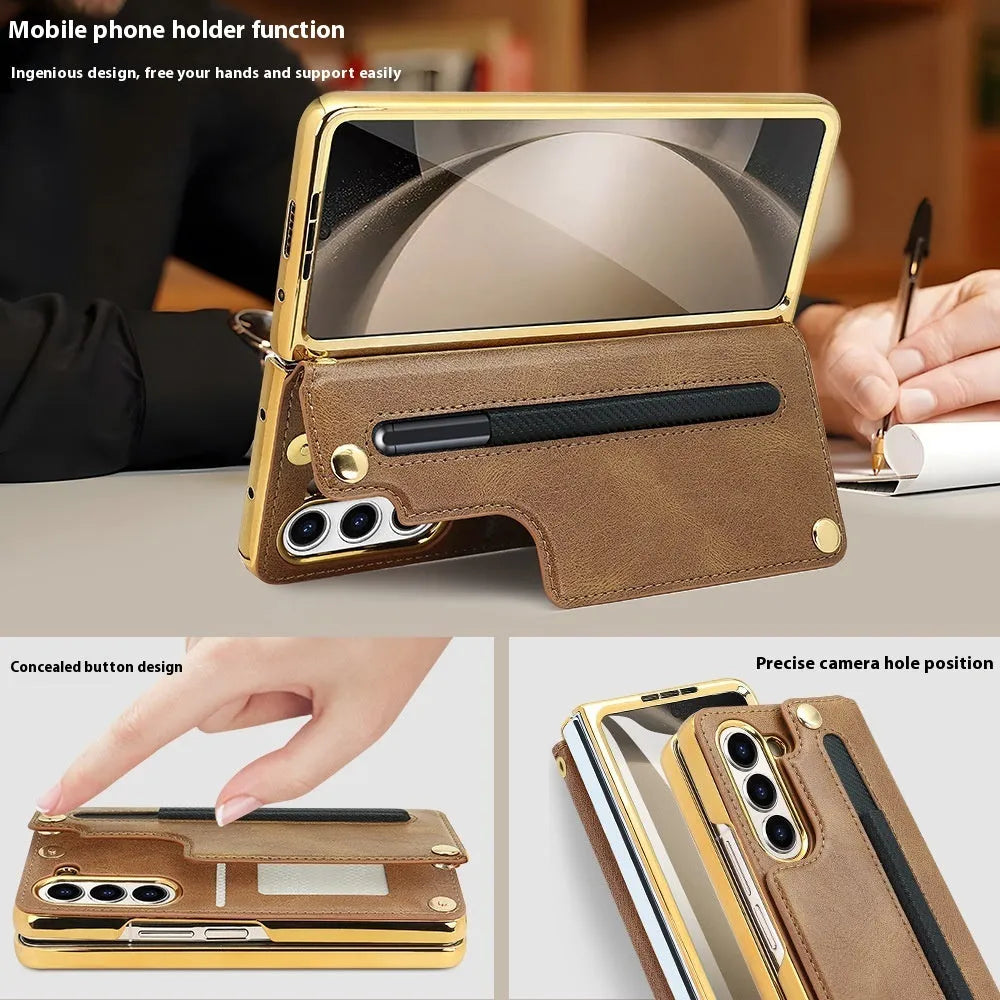 Samsung Z Fold PU phone case with folding bracket, pen slot and electroplated finish in black, brown, green or red