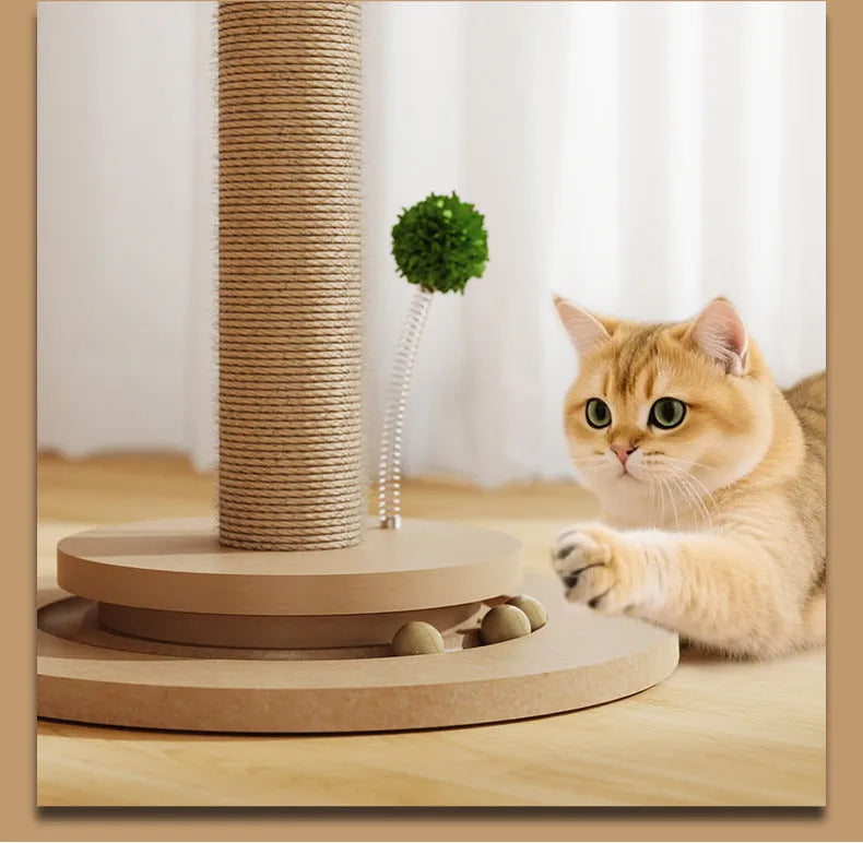 Canna coloured cat climbing frame with a chamfered hemp rope column on a density board base.