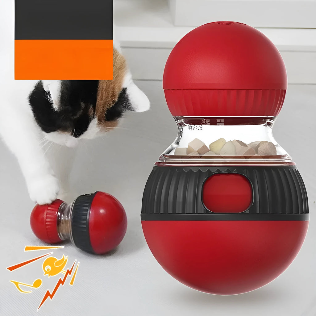 Rotating plastic cat toy with food dropping ball and sound elements in super ball colour