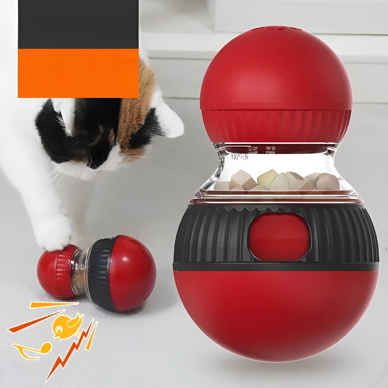 Rotating plastic cat toy with food dropping ball and sound elements in super ball colour