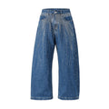 Blue loose-fitting wide-leg cotton trousers showing pullover design and European sizing for teenage casual wear