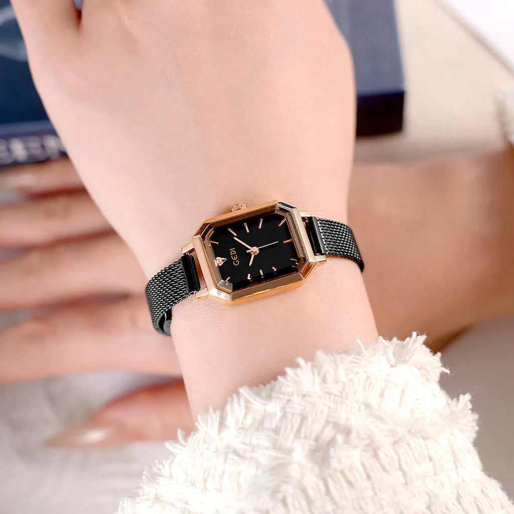 Square retro casual women's watch with rose gold case and multiple colour strap options