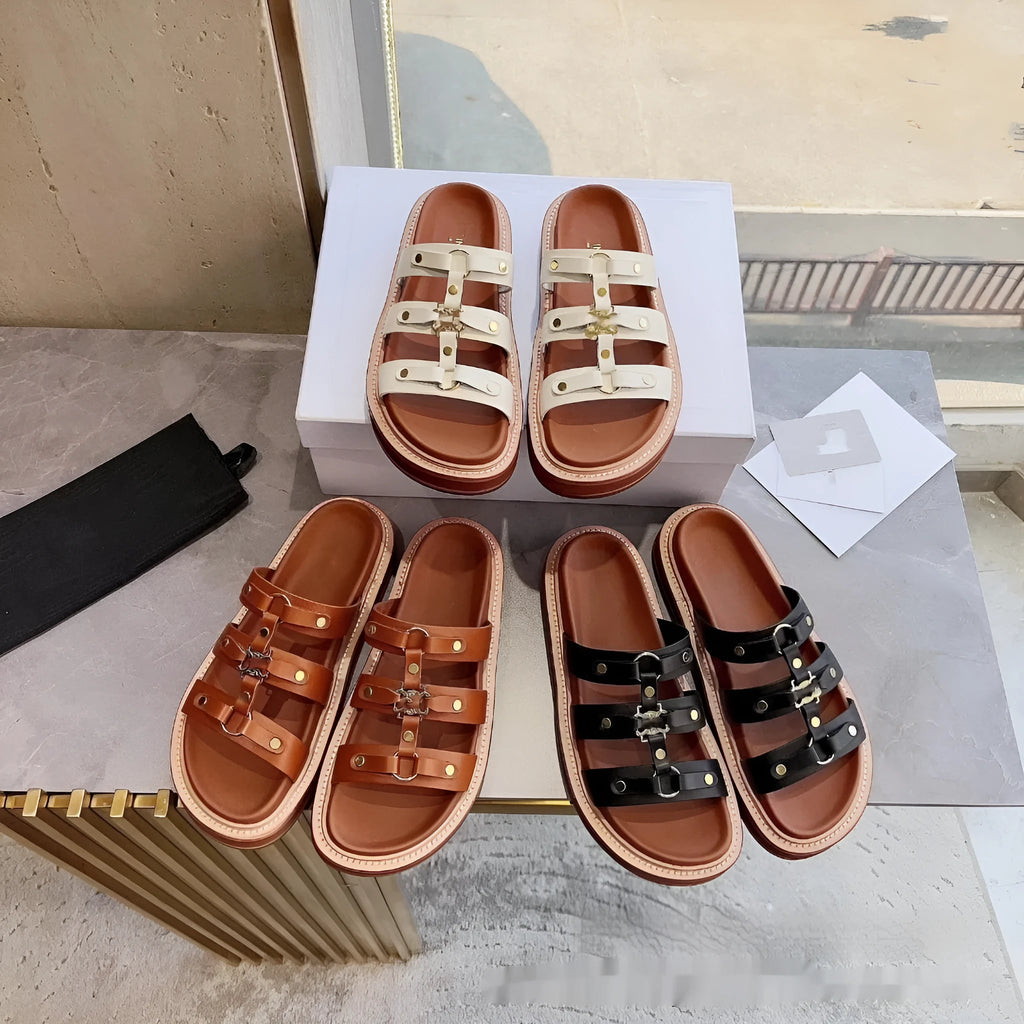 Women's retro Roman style sandal slippers with patent leather finish and sheepskin upper in solid color
