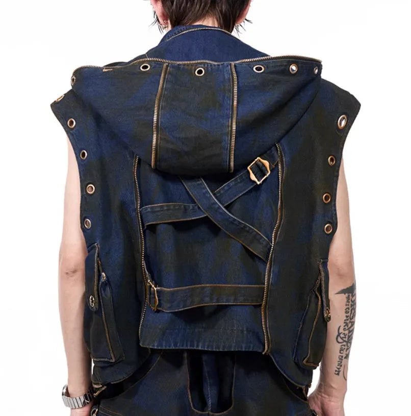 Blue Korean-style hooded denim vest coat and matching trousers two-piece set