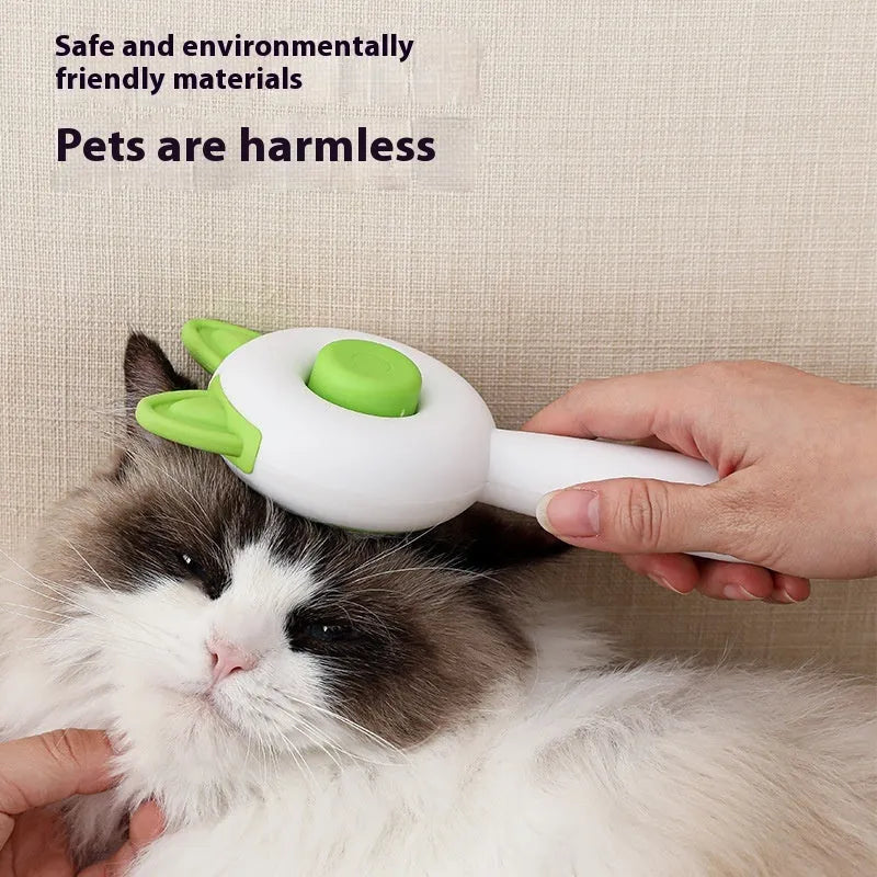 Self-cleaning pet grooming comb with stainless steel pins and massage tips in greenish white colour