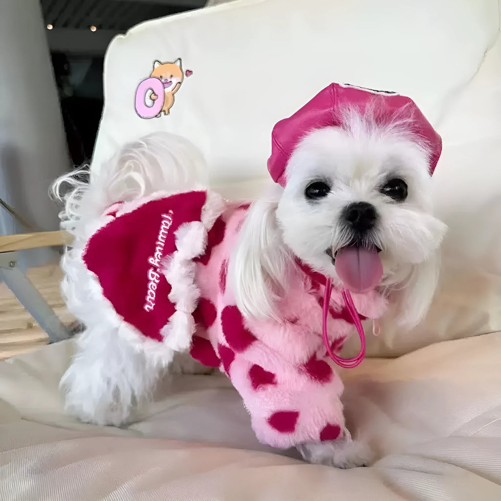 Plush polyester dog coat for small breeds in pink and brown colour options showing British style design