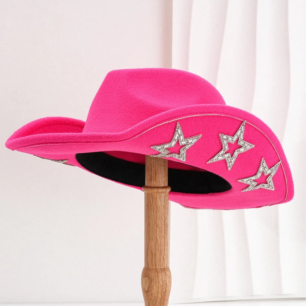 Polyester woven western-style top hat with conical crown and hexagonal star decoration