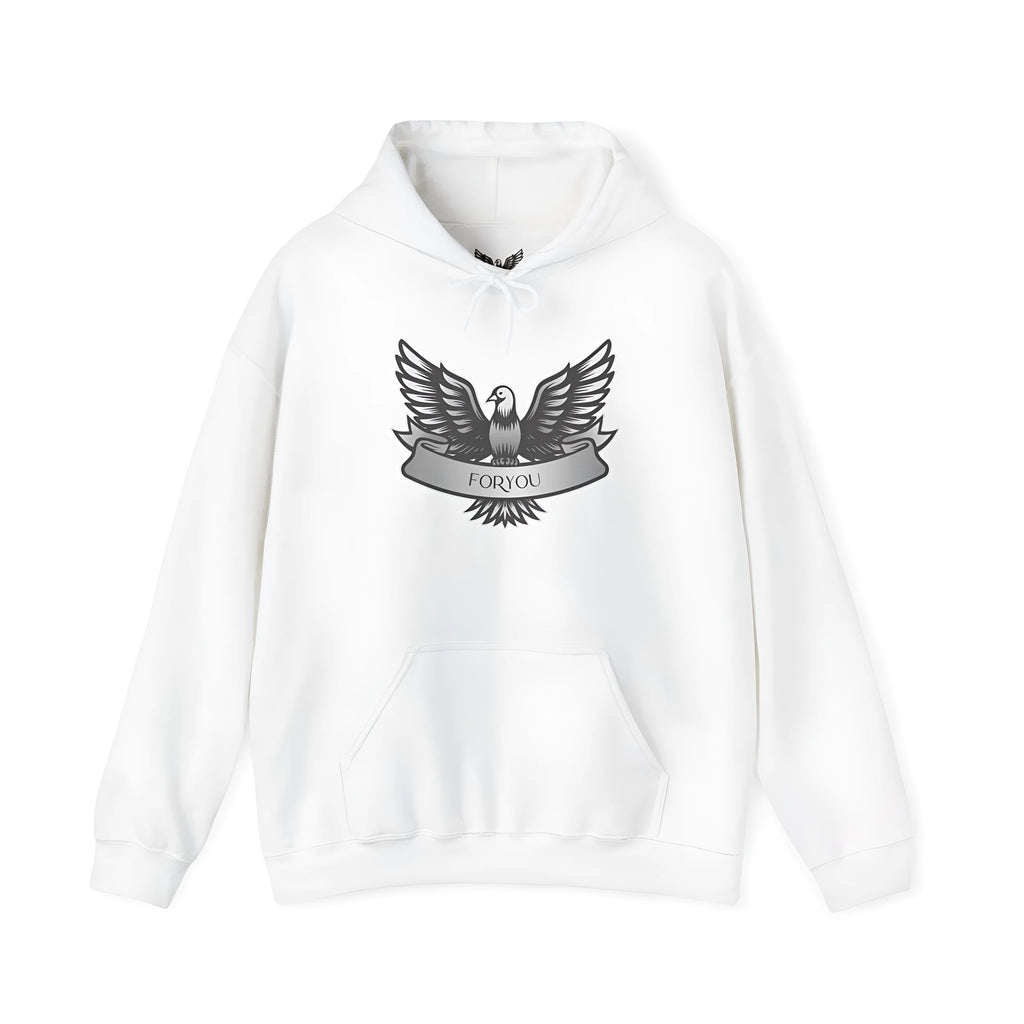 White cotton blend pullover hoodie with a hood, shown on a hanger.