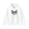 White cotton blend pullover hoodie with a hood, shown on a hanger.
