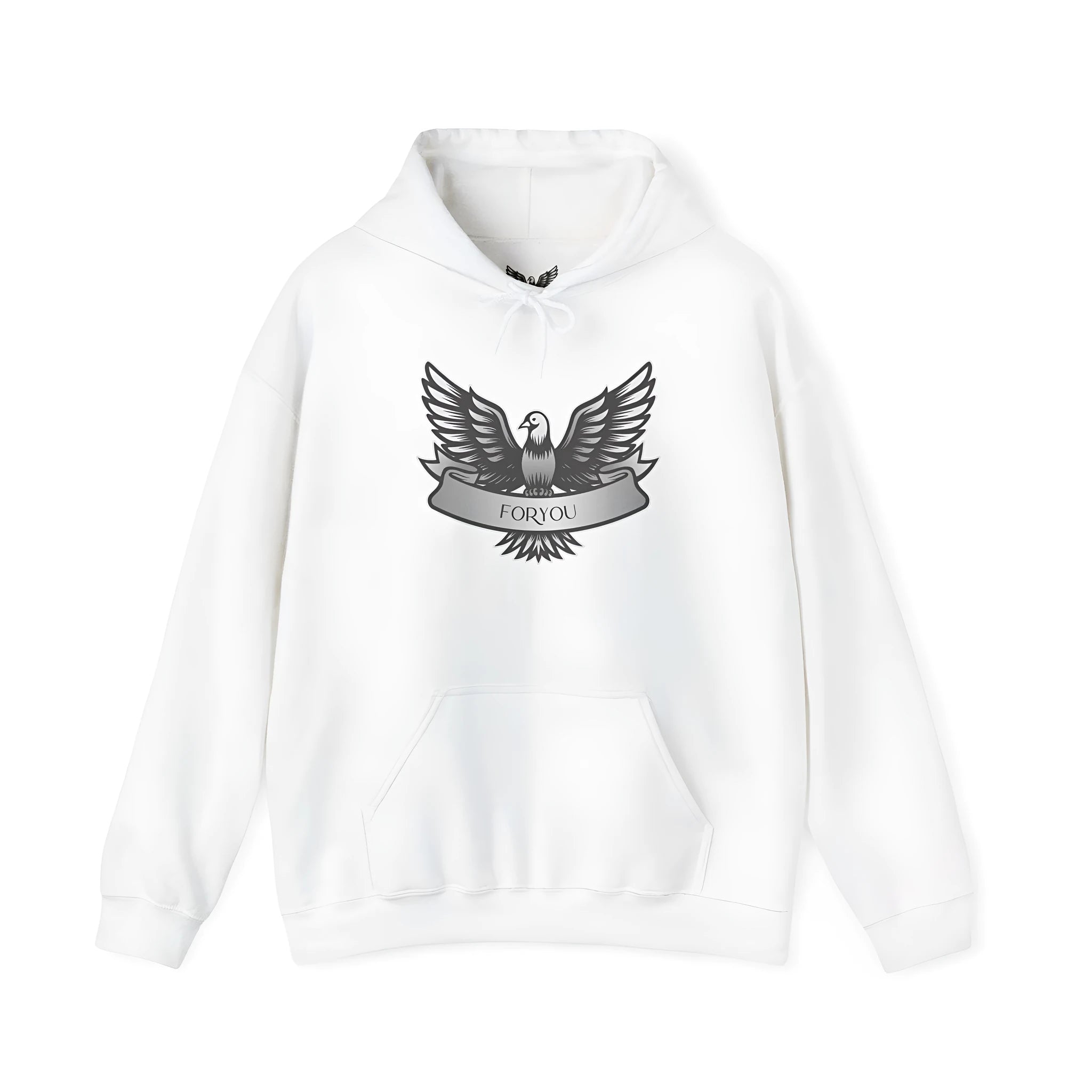White cotton blend pullover hoodie with a hood, shown on a hanger.