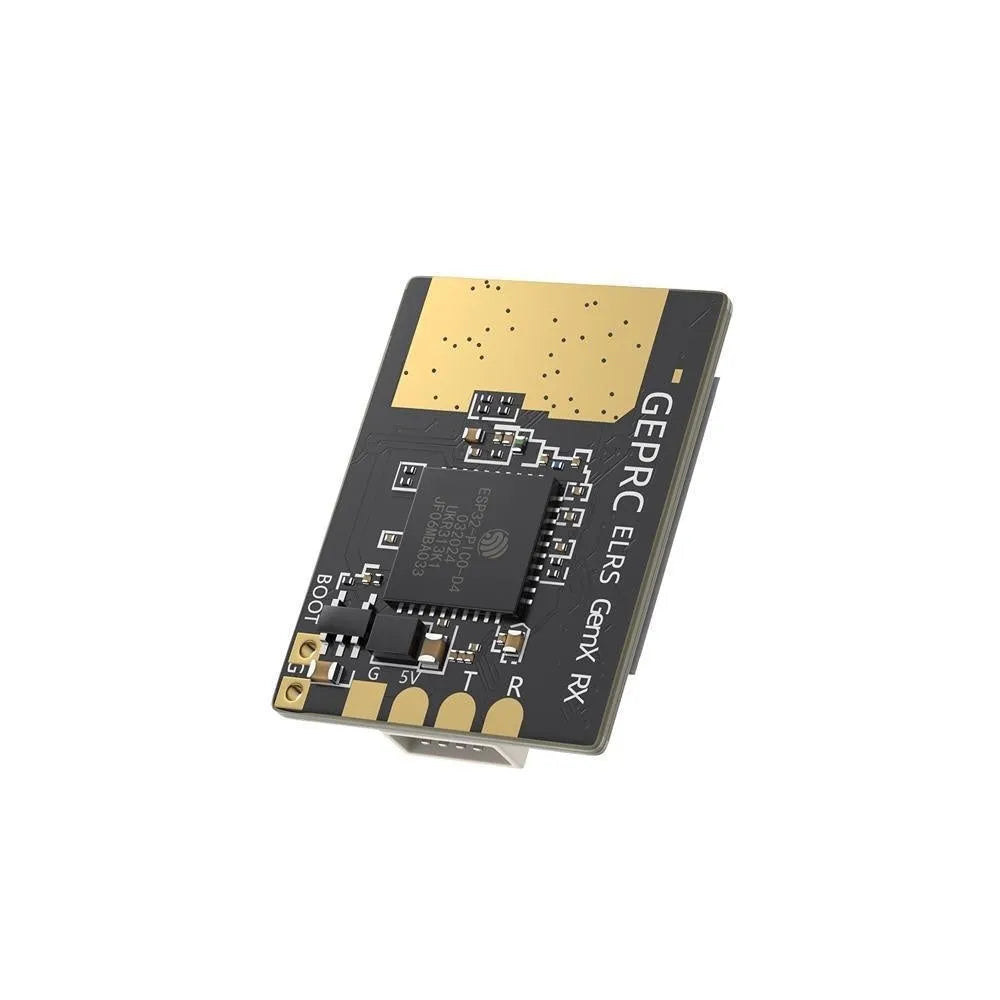 ELRS dual-band FPV receiver module with two T-shaped antennas and silicone wire on a workbench.