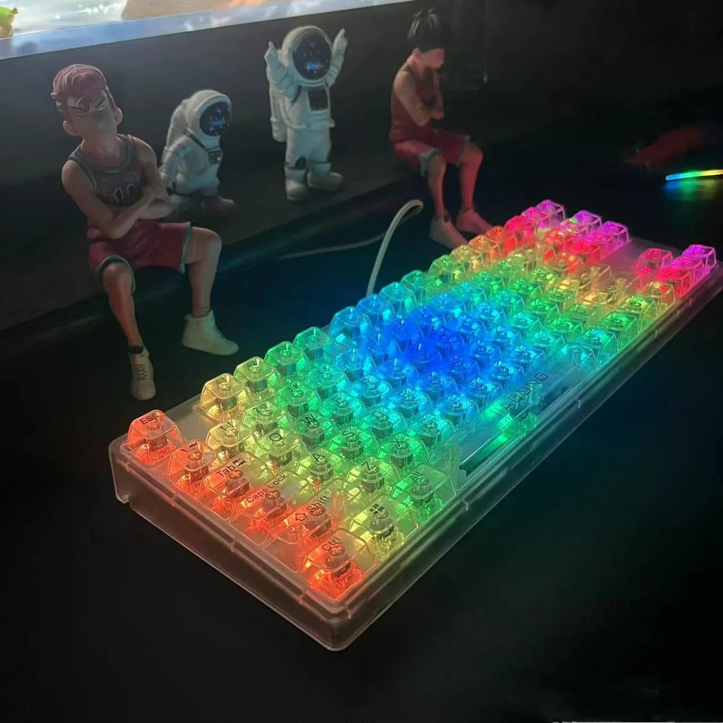 Transparent plastic mechanical keyboard key cap set with 132 pieces arranged for full keyboard coverage