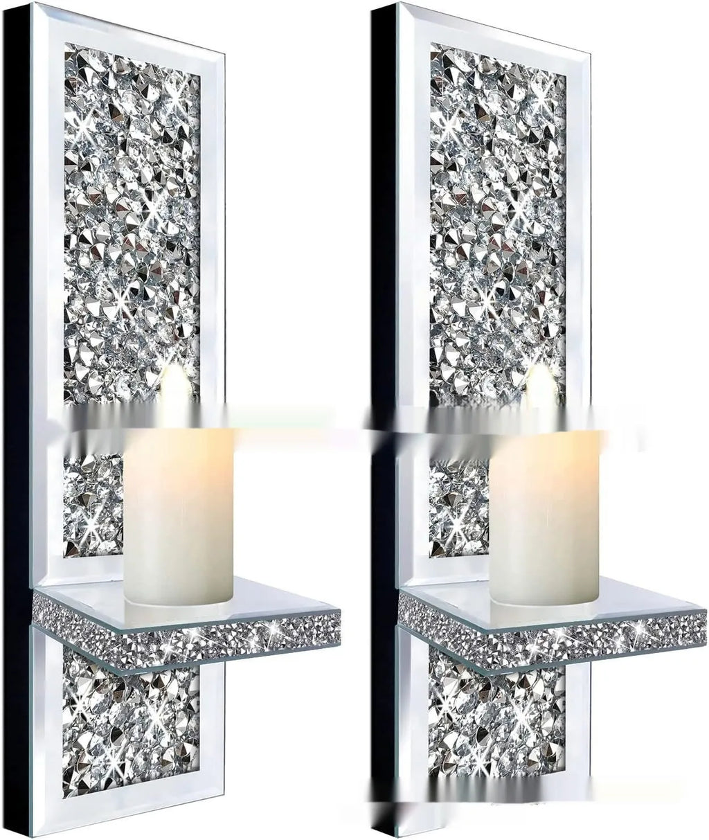 Pair of silver mirror glass candle holders with modern style for wall hanging decoration