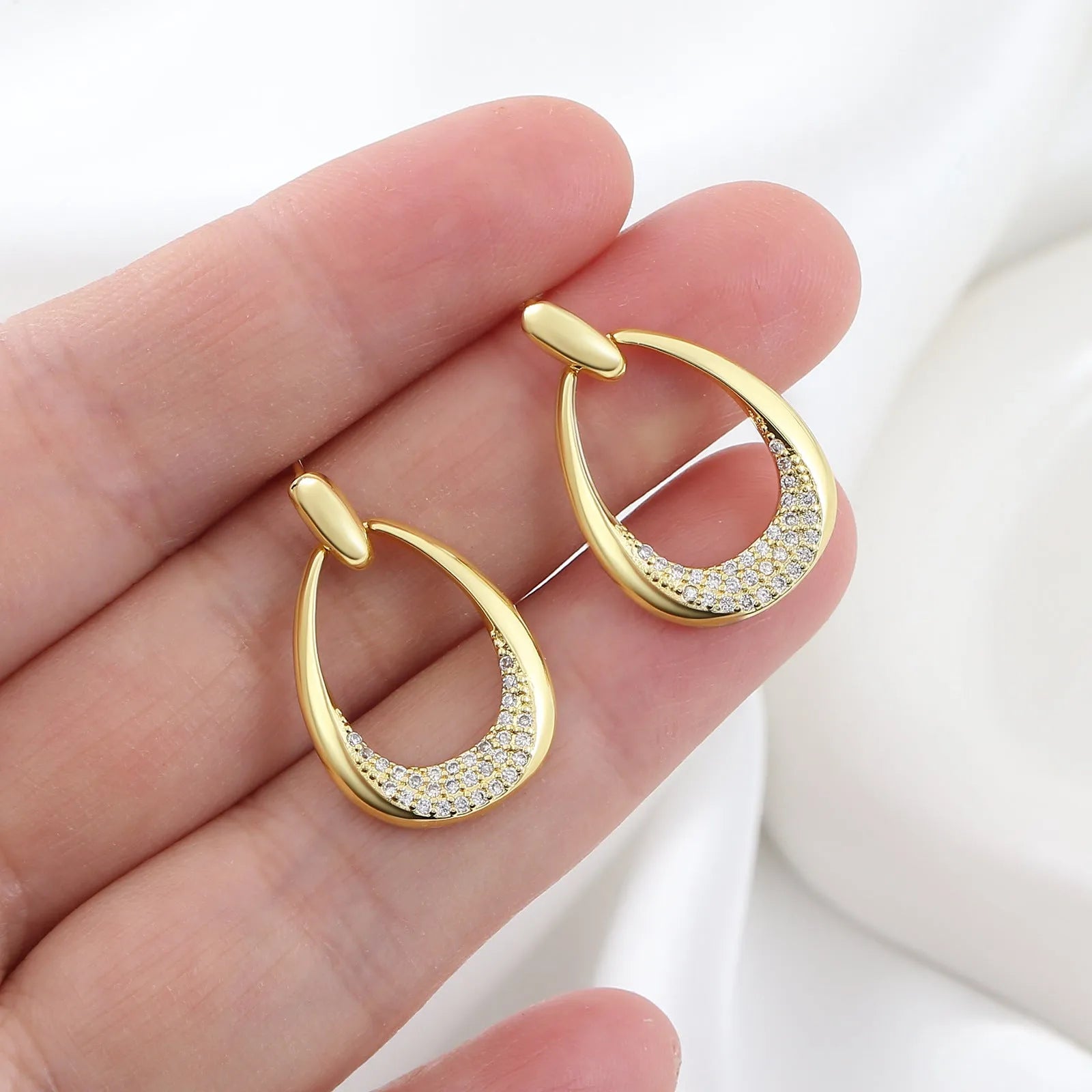 Women's yellow gold geometric drop earrings with zircon detailing, measuring 2.6cm by 1.7cm