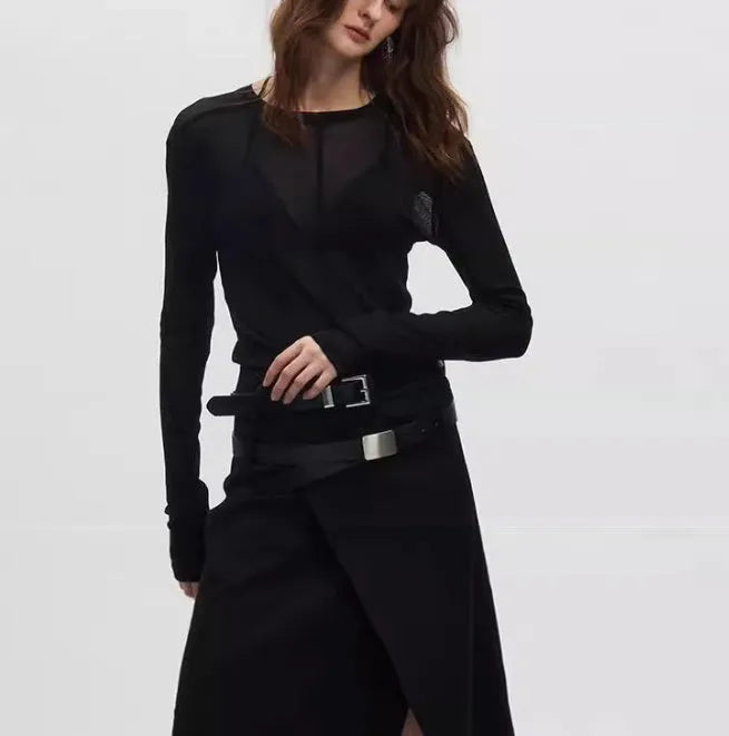 Black slim-fit women's pullover top with mesh see-through texture and long sleeves.