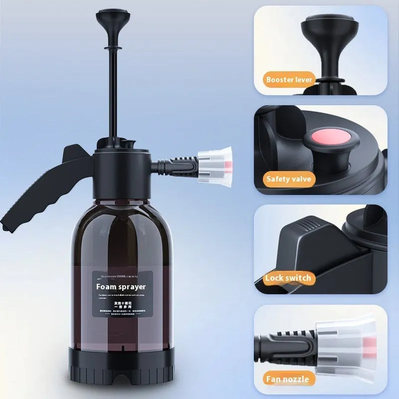 Black 2L plastic foam watering can sprayer with pump handle and two nozzles for car washing and gardening.
