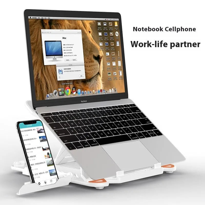 Black ABS plastic laptop bracket with 300x200mm support area on wooden desk