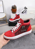 Men's black and red genuine leather skeleton shoes with high-top design and lace closure