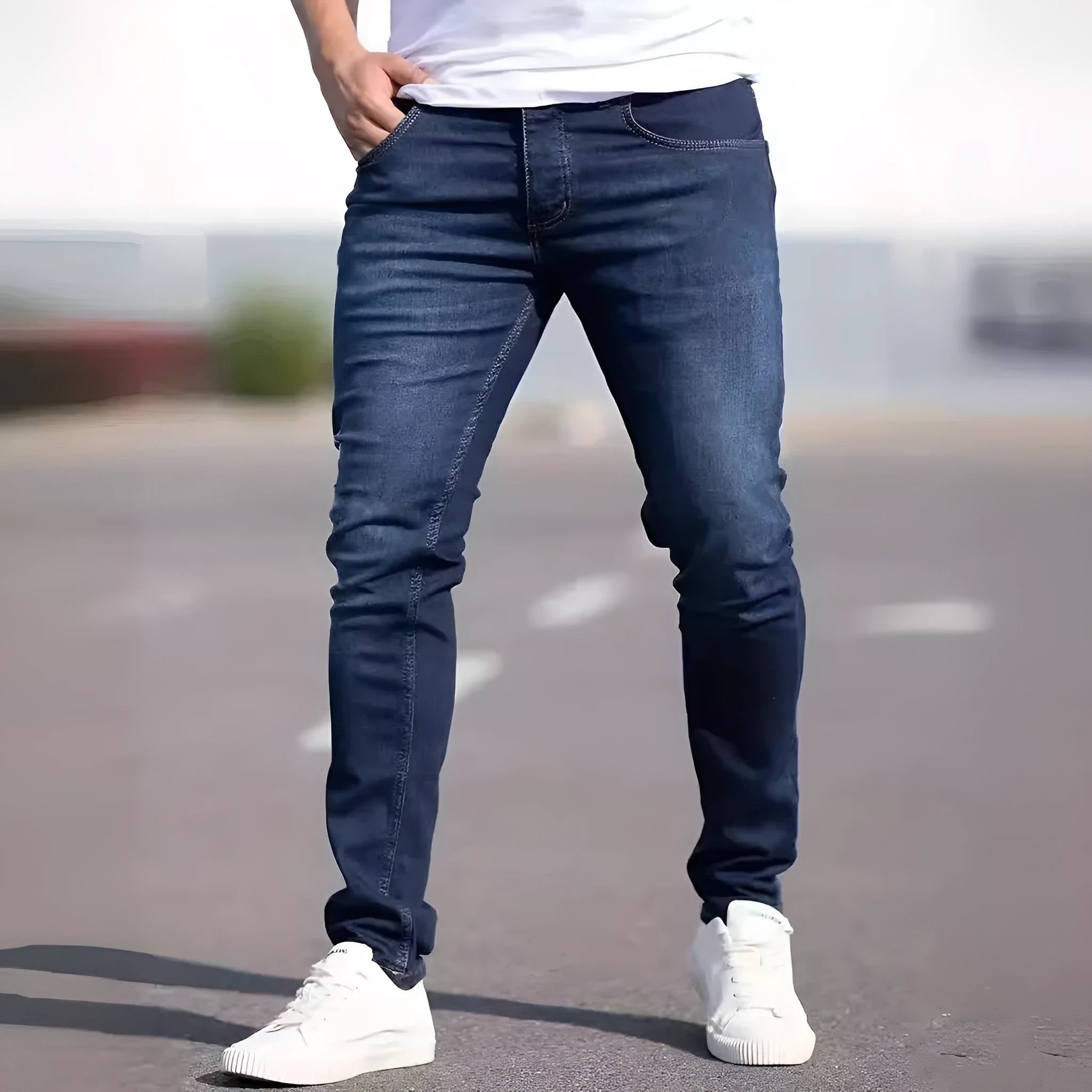 Men's dark blue slim fit casual jeans with skinny leg street fashion styling