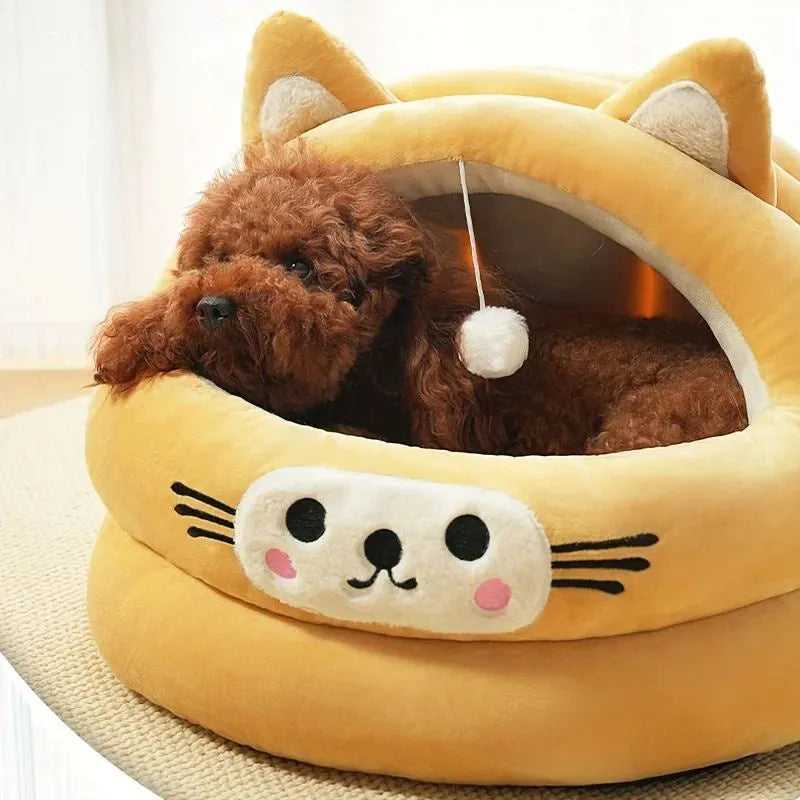 Semi-enclosed cat bed with cat ear design, thickened warm pet nest in brown, green, or yellow, sizes L M S