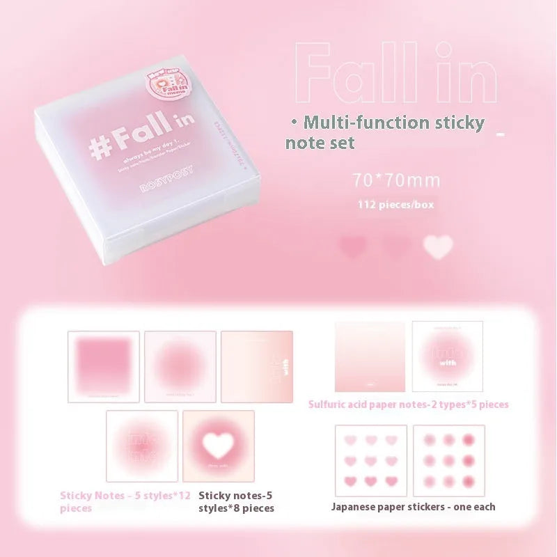 70mm square gradient parchment inner multifunctional notepad in blush, green, purple, or blue with sticky notes, notepaper, and stickers