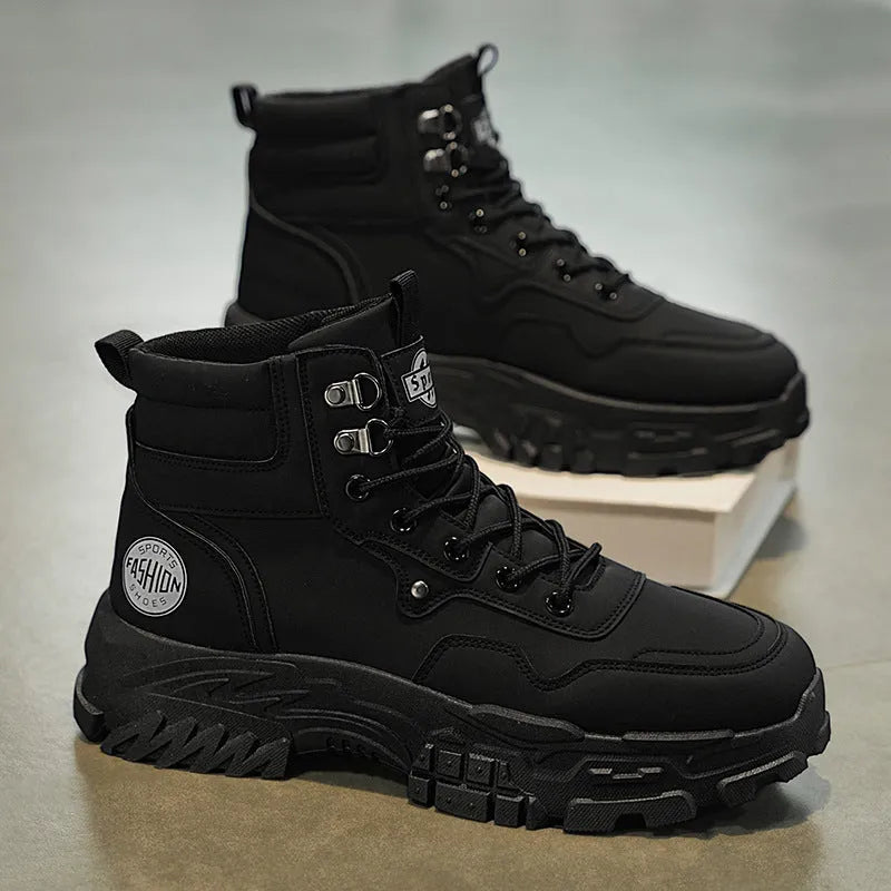 Men's yellow and black Martin high-top work boots with artificial PU upper and stout heel