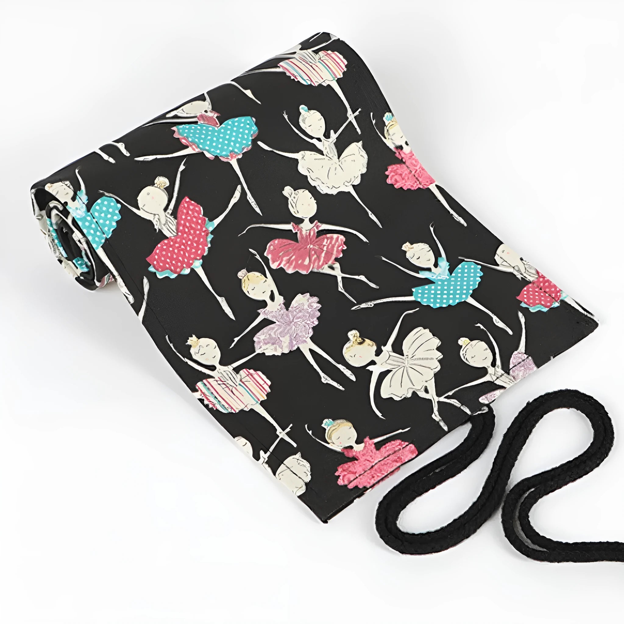 Canvas roll-up pencil case with ballet girl print, shown unrolled to display multiple pencil loops.