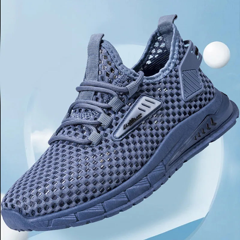Men's beige mesh breathable sneakers with synthetic leather upper and front lace-up