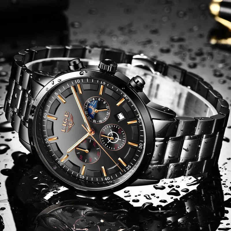Men's quartz sports watch with Black and Rose Red Gold colour combination showing 12mm thickness