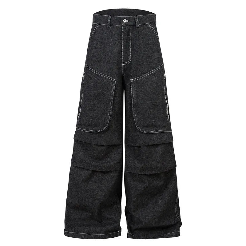 Black multi-pocket pleated workwear jeans in cotton denim fabric with zip fly closure