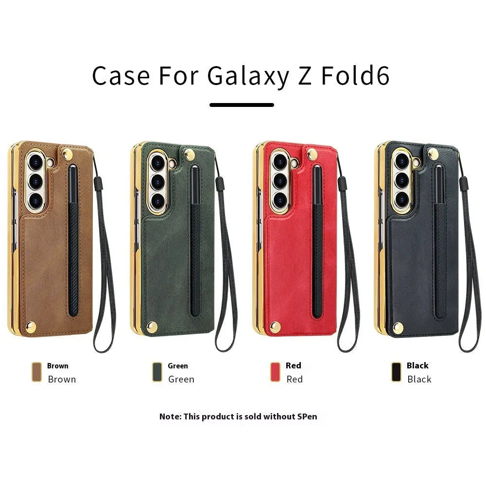Samsung Z Fold PU phone case with folding bracket, pen slot and electroplated finish in black, brown, green or red
