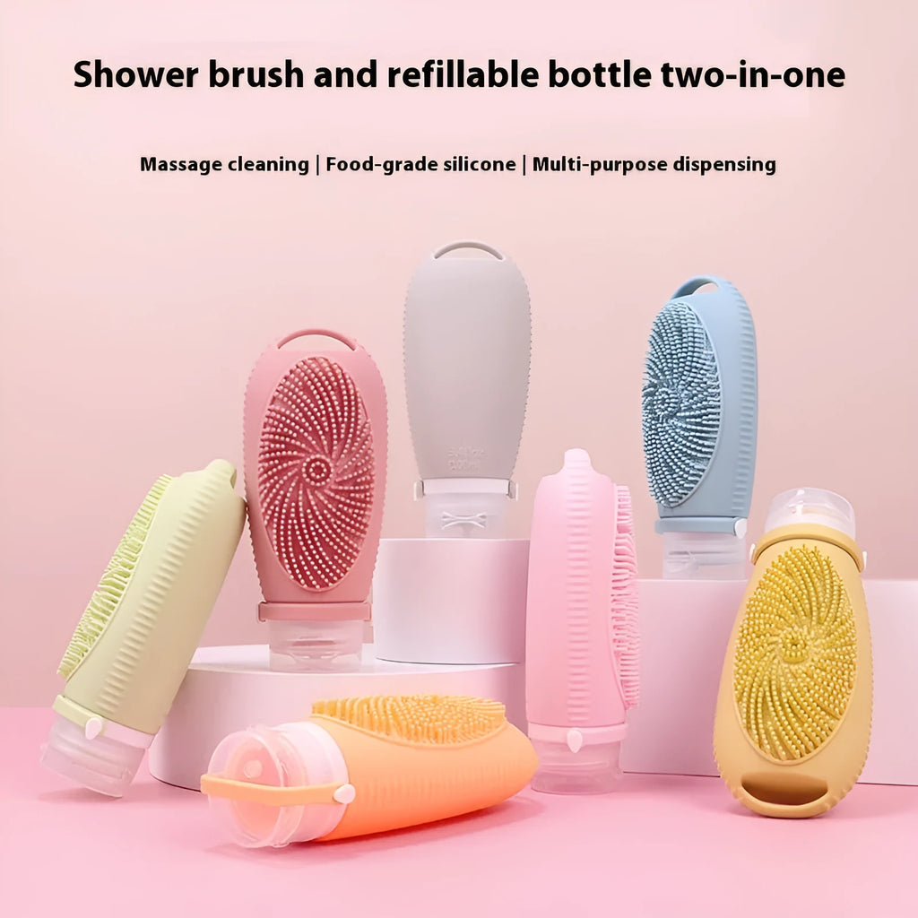 Silicone bath brush storage bottle with 100ml capacity shown in available colour options