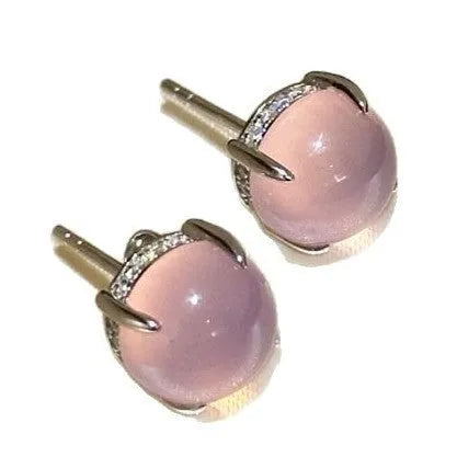 Chinese-style chalcedony stud earrings with copper four-claw settings in emerald green, pink purple, or milk white
