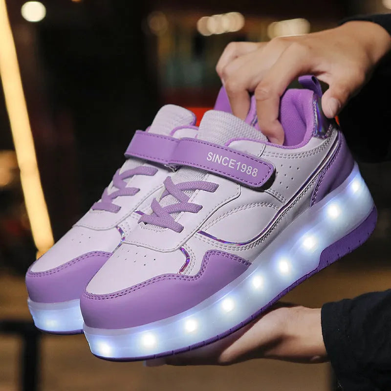 Children's charging flash rollerskates with LED illuminated wheels in multiple colour options