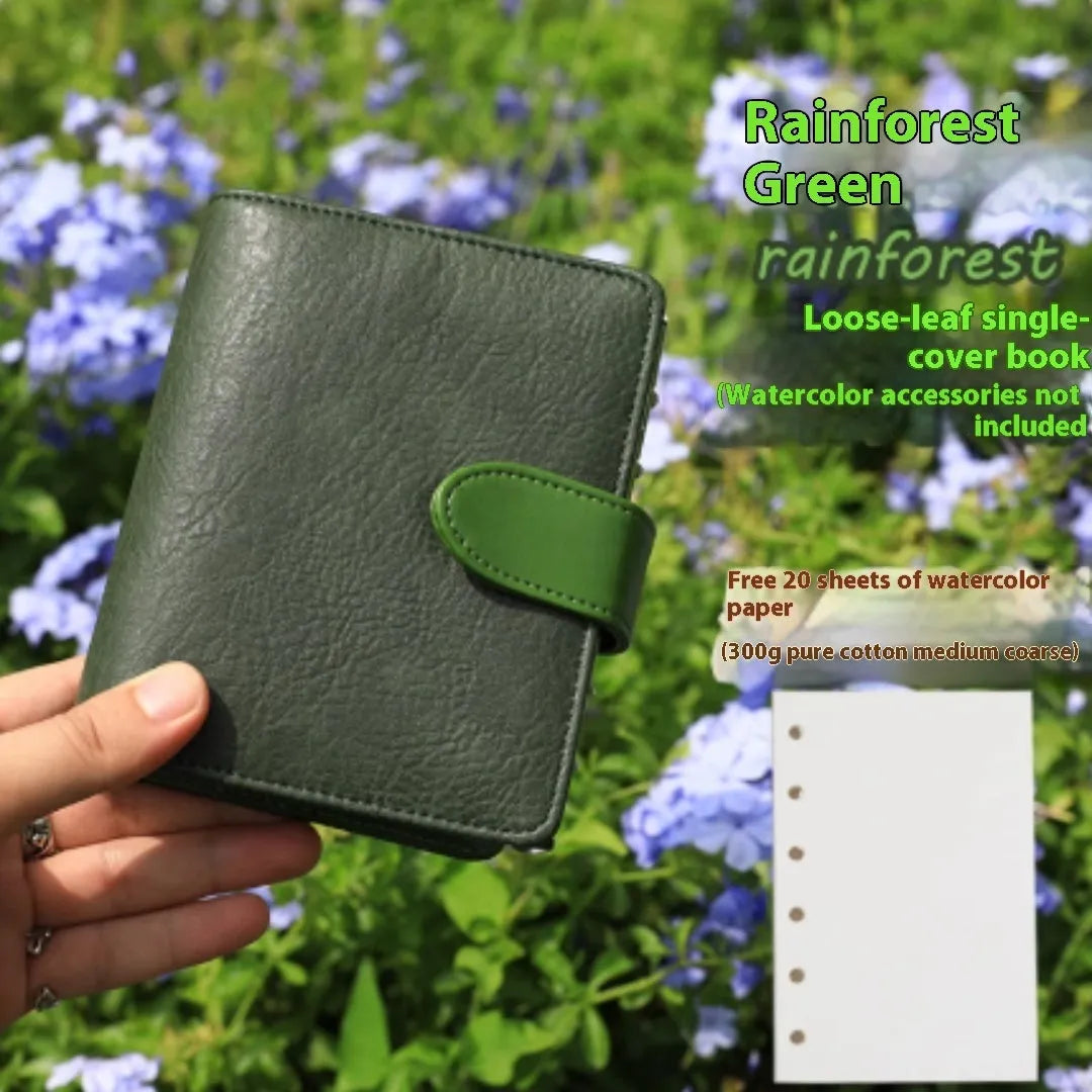 A7 mini loose-leaf watercolour notebook in one of five colours: green, brown, yellow, coffee, or dark green.