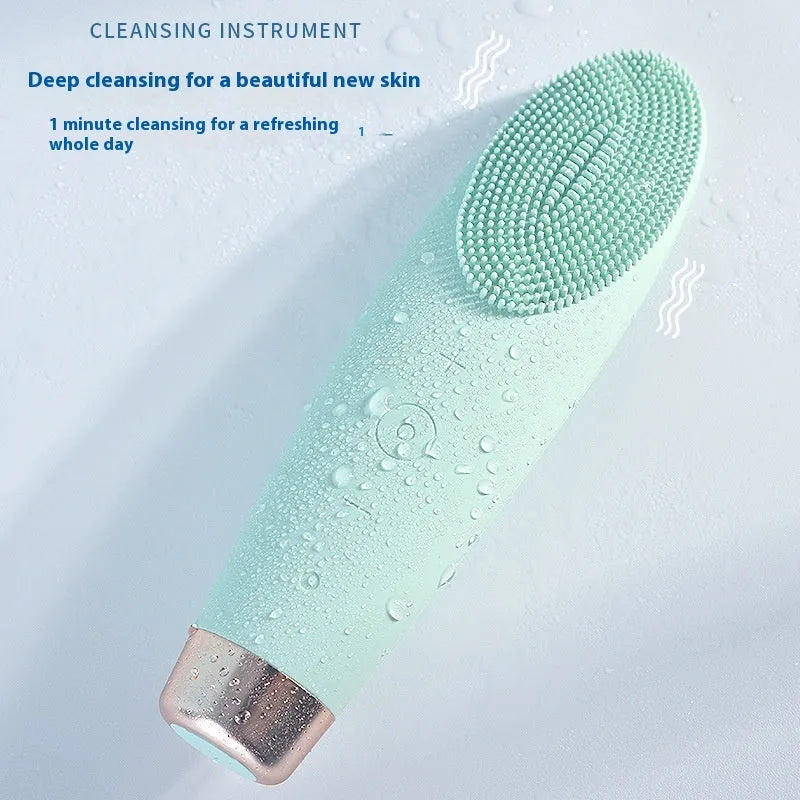 Green rechargeable electric facial cleaner with silicone and ABS body, seven speed settings for deep cleaning.