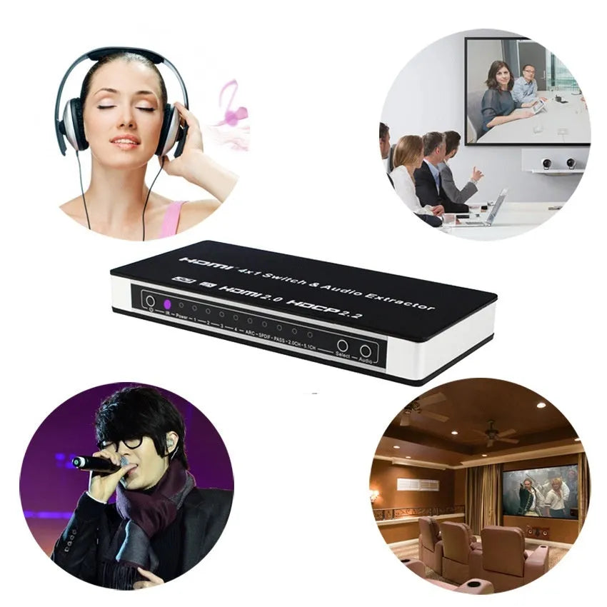 Black HDMI audio extractor switch with 4 inputs 1 output and remote control