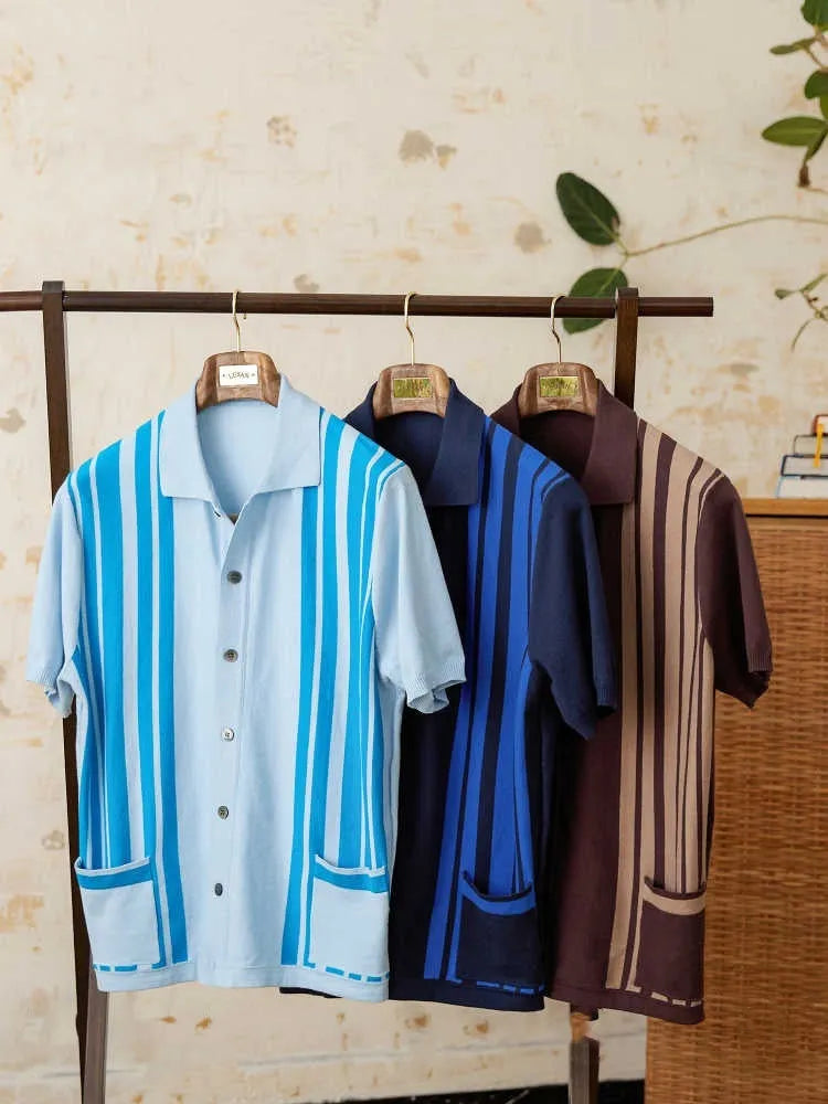 Striped cotton knitted cardigan polo shirt with short sleeves and lapel collar