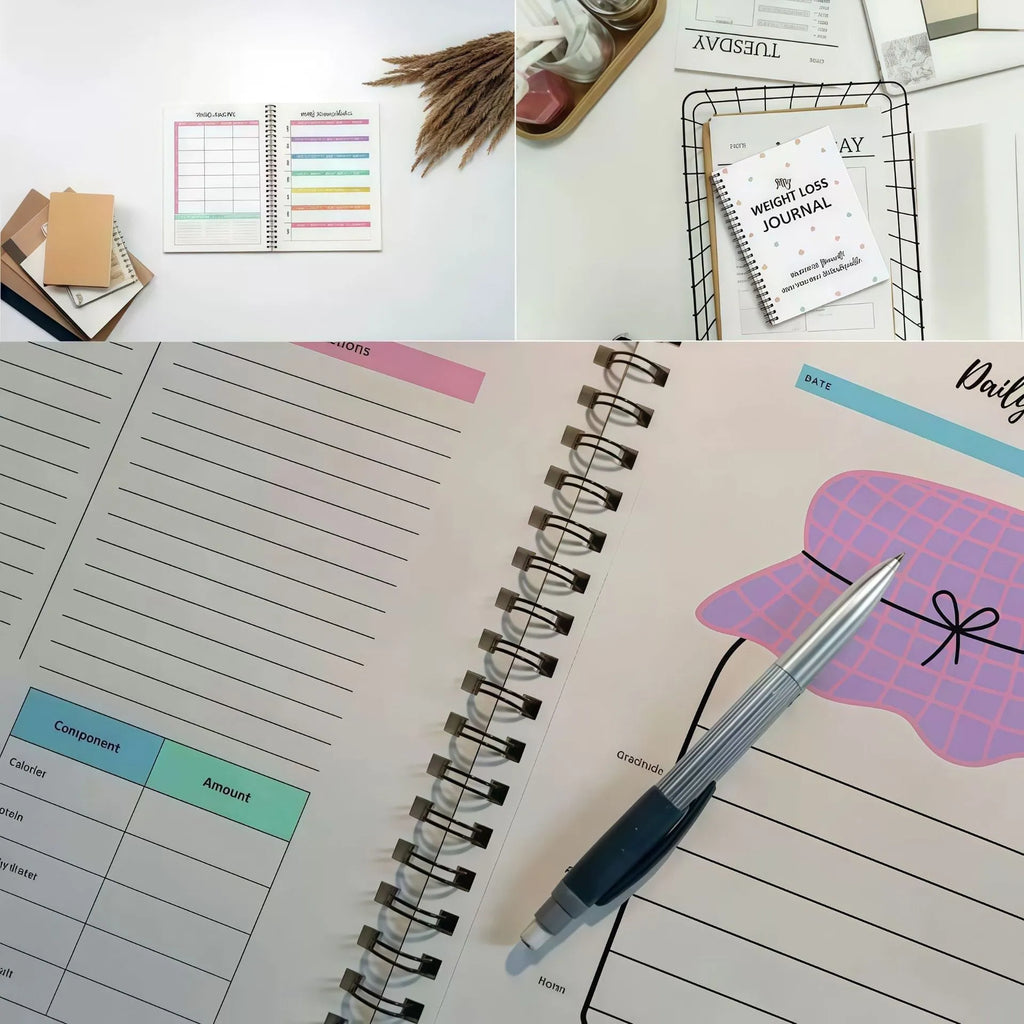 Spiral-bound weight loss diary notebook with paper cover and 84g raw wood pulp pages, 1-50 pages