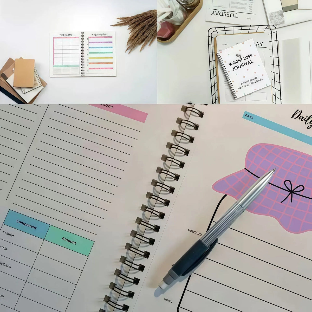 Spiral-bound weight loss diary notebook with paper cover and 84g raw wood pulp pages, 1-50 pages